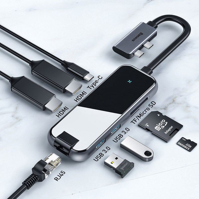 Купить Хаб Baseus Type-C Multifunctional HUB Adapter (2*Type-C to HDMI*2+USB3.0*2+SD/TF*1+PD) серый по лучшей цене в Украине 🔔 ,  наш интернет - магазин гарантирует качество и быструю доставку вашего заказа 🚀