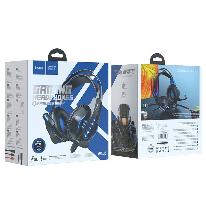 Купить Игровые наушники Hoco W102 Cool tour с микрофоном и подсветкой Blue по лучшей цене в Украине 🔔 ,  наш интернет - магазин гарантирует качество и быструю доставку вашего заказа 🚀