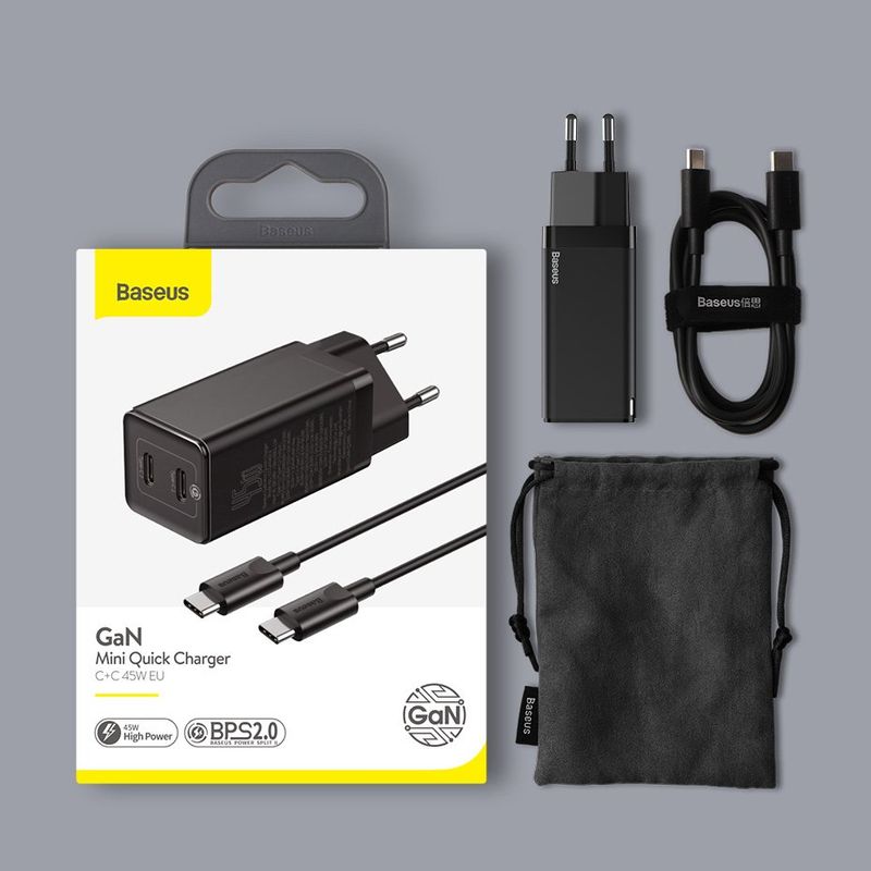 Купить Сетевое ЗУ Baseus GaN Mini Quick Charger C+U 45W черное + кабель Type-C to Type-C 60W (20V/3A/1m) в комплекте по лучшей цене в Украине 🔔 ,  наш интернет - магазин гарантирует качество и быструю доставку вашего заказа 🚀