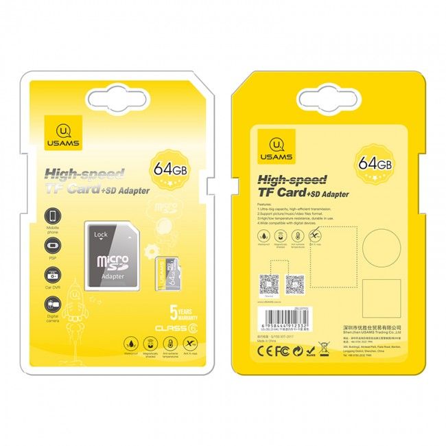 Купить Карта памяти Micro SDHC Card с адаптером Usams US-ZB119 High Speed TF Card 64Gb по лучшей цене в Украине 🔔 ,  наш интернет - магазин гарантирует качество и быструю доставку вашего заказа 🚀