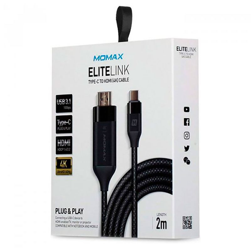 Купити Нейлоновый кабель Momax Elite Link Black USB Type-C to HDMI 2m за найкращою ціною в Україні 🔔, наш інтернет - магазин гарантує якість і швидку доставку вашого замовлення 🚀