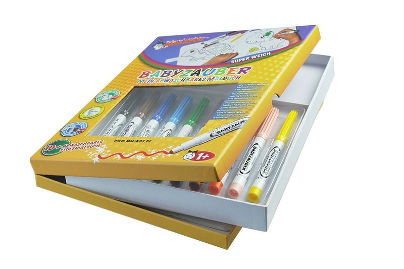 Фломастеры детские смываемые для малышей MALINOS Babyzauber 10 шт + текстильная книжка раскраска многоразовая
