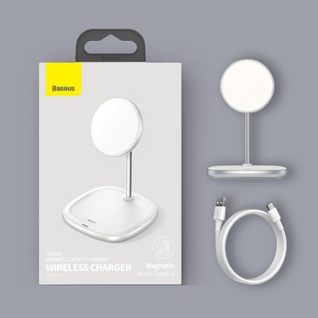 Купить Магнитная беспроводная зарядка Baseus Swan Magnetic Desktop MagSafe White для iPhone 12 mini | 12 | 12 Pro | 12 Pro Max по лучшей цене в Украине 🔔 ,  наш интернет - магазин гарантирует качество и быструю доставку вашего заказа 🚀